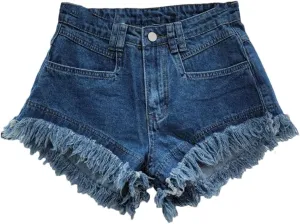Women Denim Hot Pants Summer All-Match Ins Fashion Wide-Leg Ripped Tassel Shorts