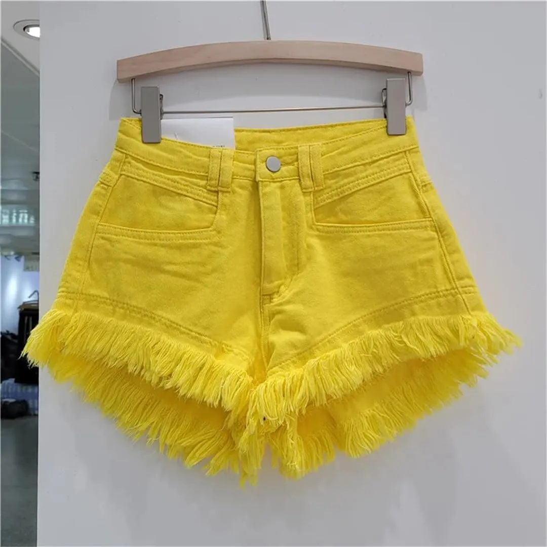 Women Denim Hot Pants Summer All-Match Ins Fashion Wide-Leg Ripped Tassel Shorts