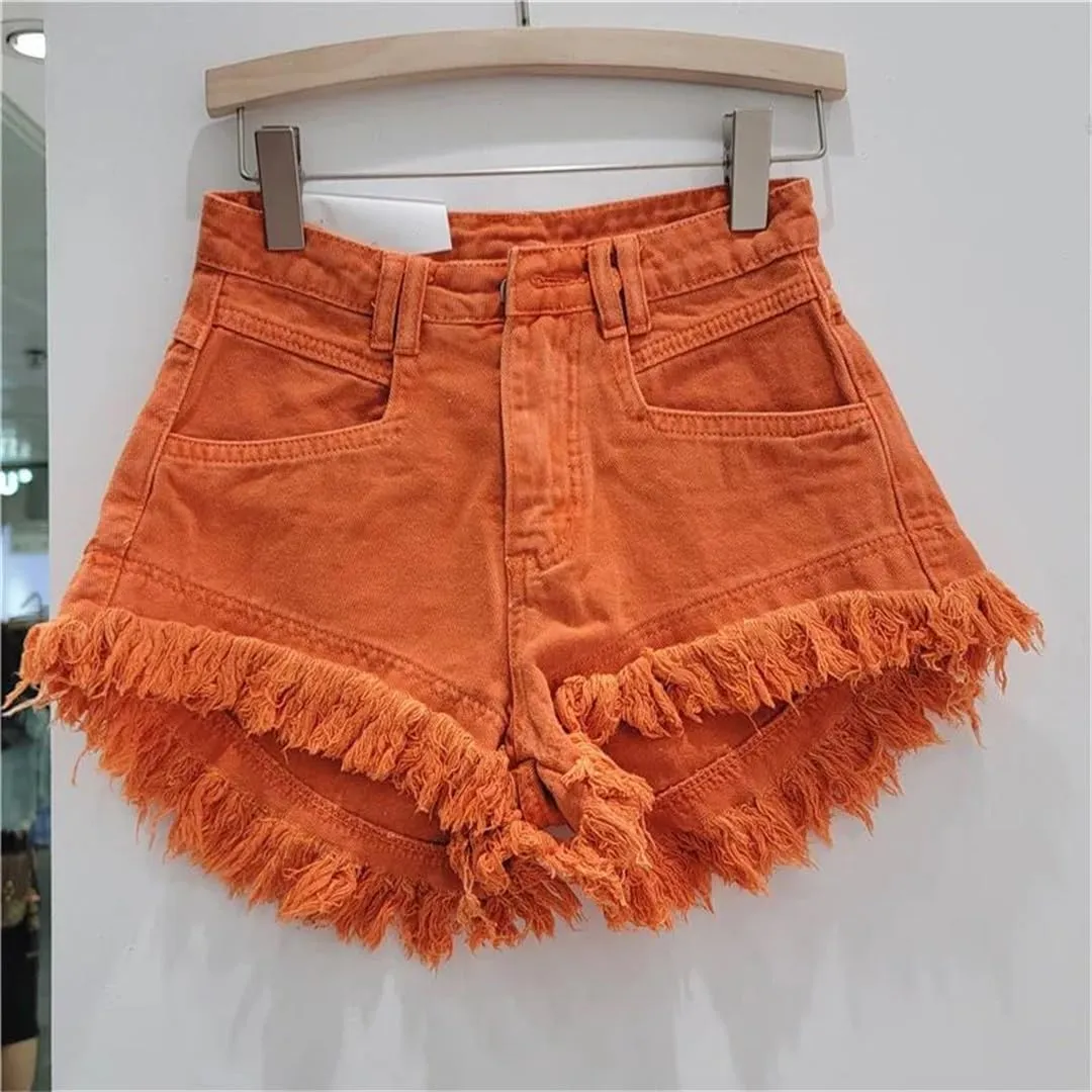Women Denim Hot Pants Summer All-Match Ins Fashion Wide-Leg Ripped Tassel Shorts