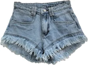 Women Denim Hot Pants Summer All-Match Ins Fashion Wide-Leg Ripped Tassel Shorts