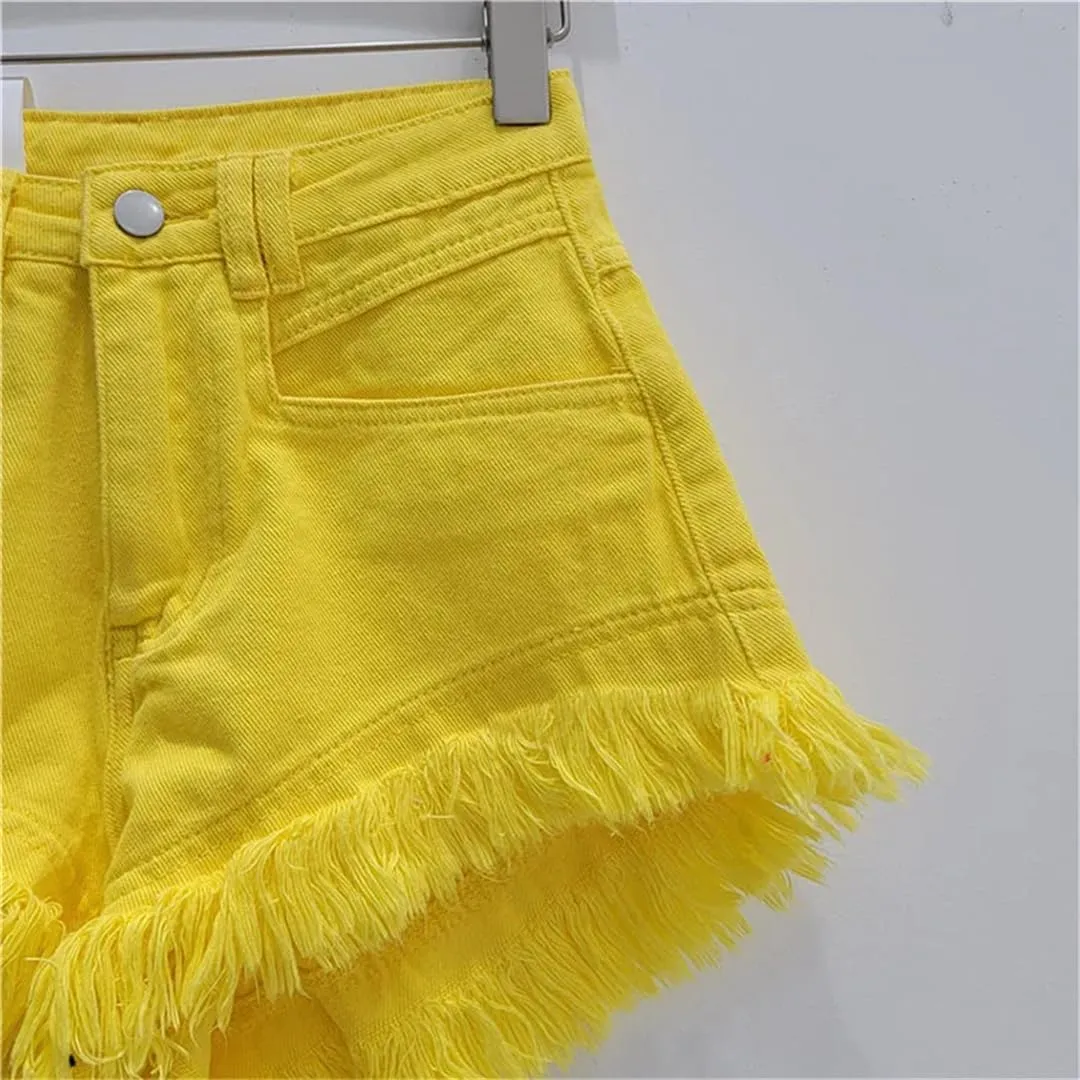 Women Denim Hot Pants Summer All-Match Ins Fashion Wide-Leg Ripped Tassel Shorts