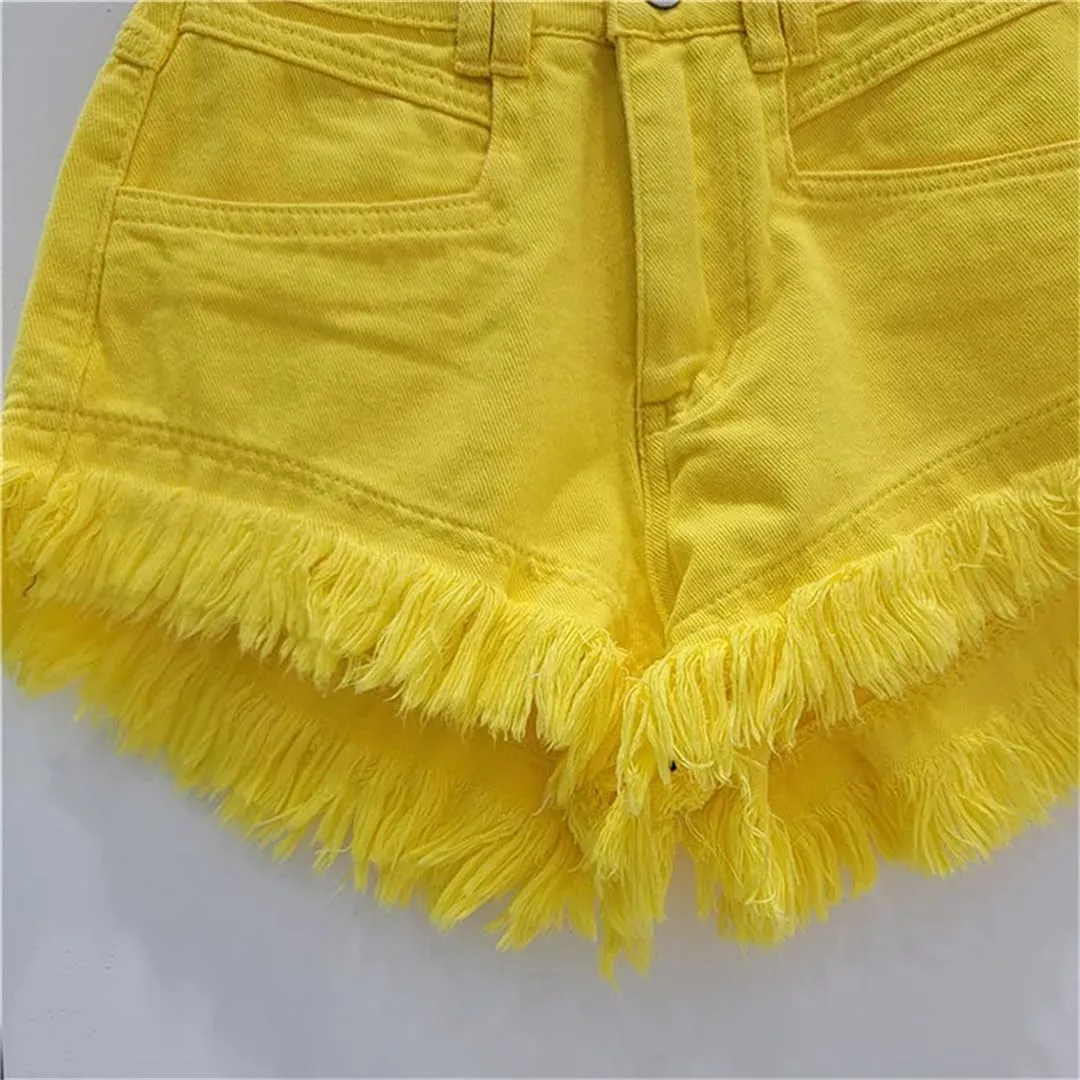 Women Denim Hot Pants Summer All-Match Ins Fashion Wide-Leg Ripped Tassel Shorts