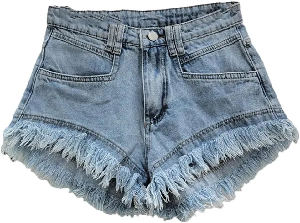Women Denim Hot Pants Summer All-Match Ins Fashion Wide-Leg Ripped Tassel Shorts