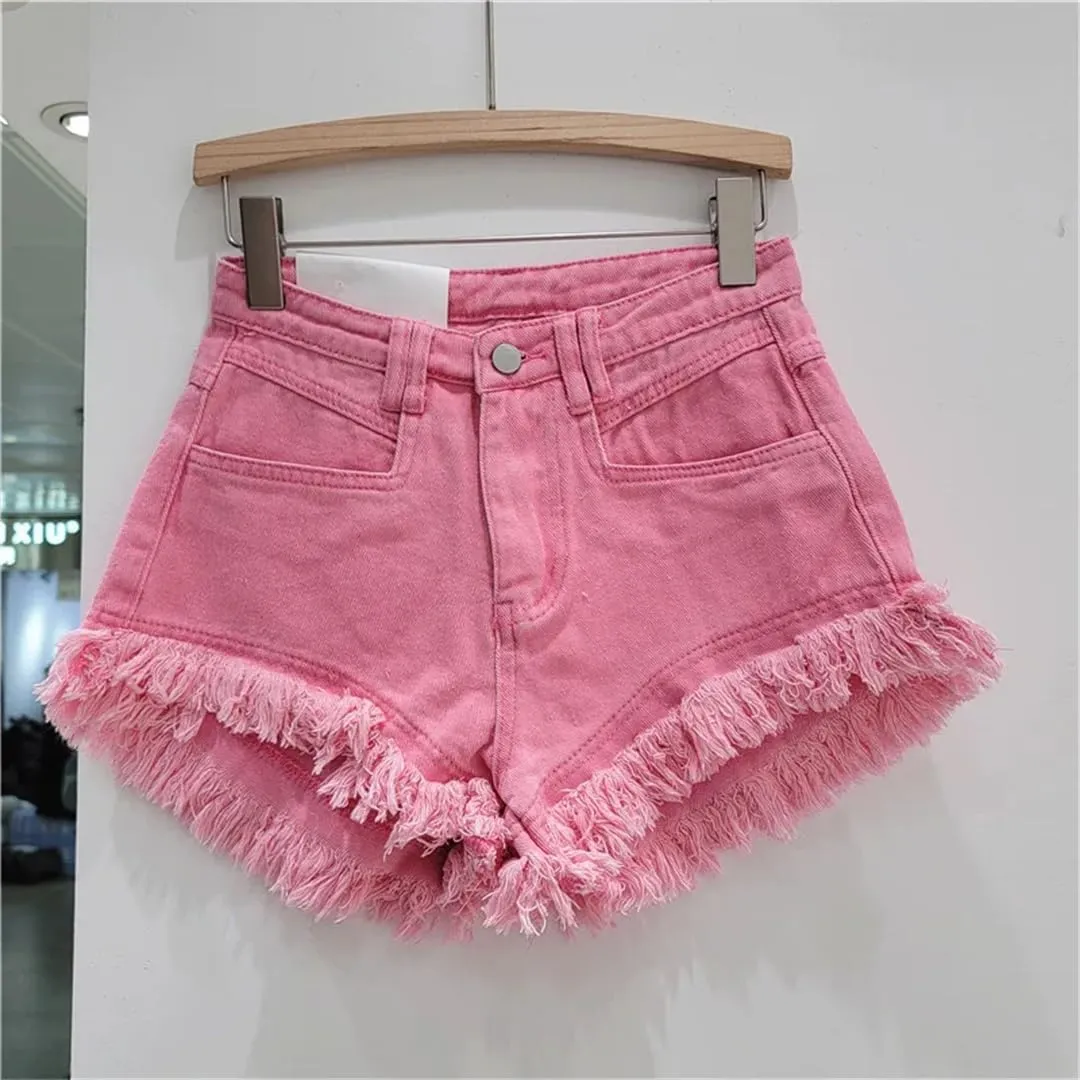 Women Denim Hot Pants Summer All-Match Ins Fashion Wide-Leg Ripped Tassel Shorts