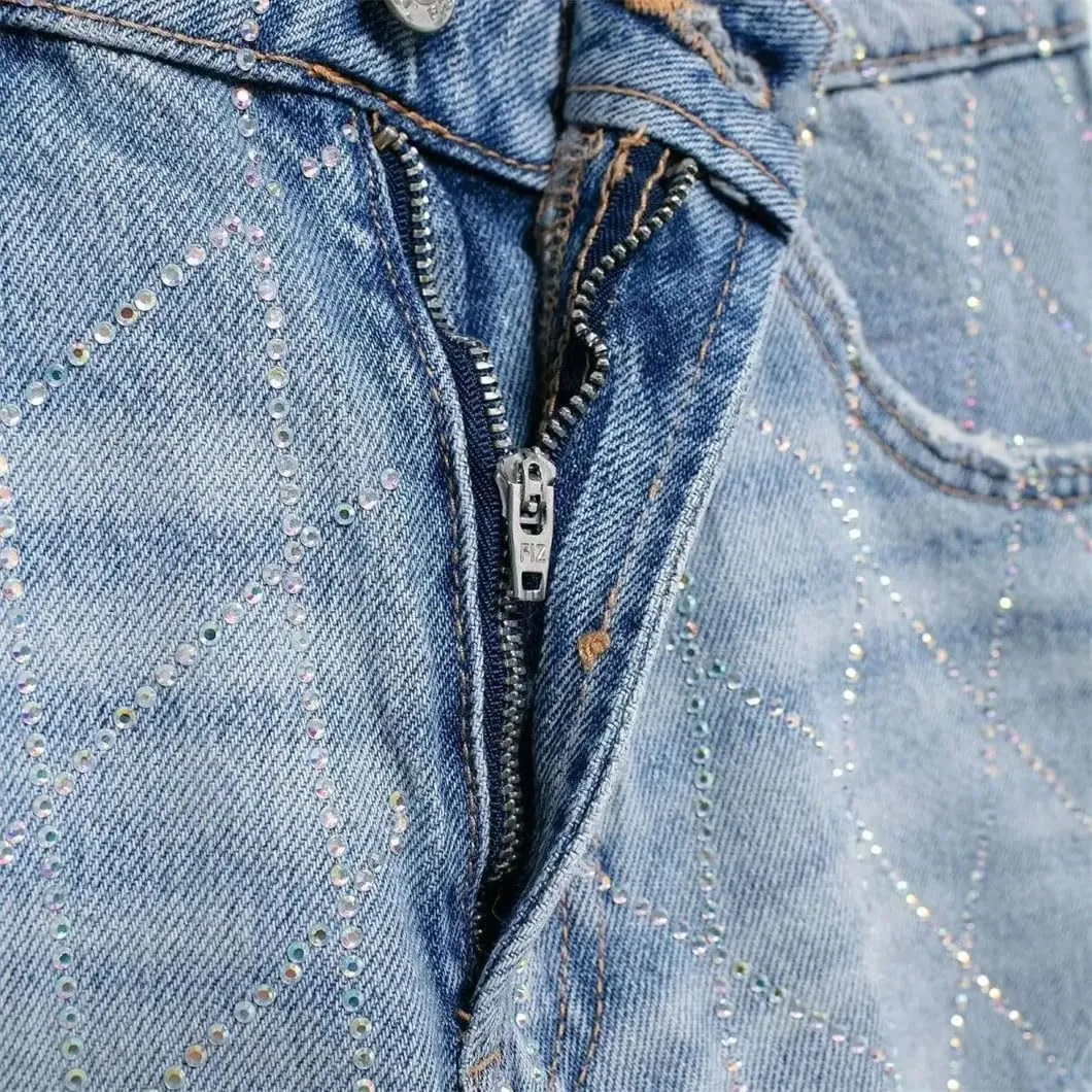 Women Denim Shorts Rhinestones Casual High Waisted Button Short Pants for Women