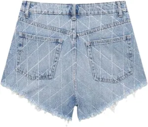 Women Denim Shorts Rhinestones Casual High Waisted Button Short Pants for Women