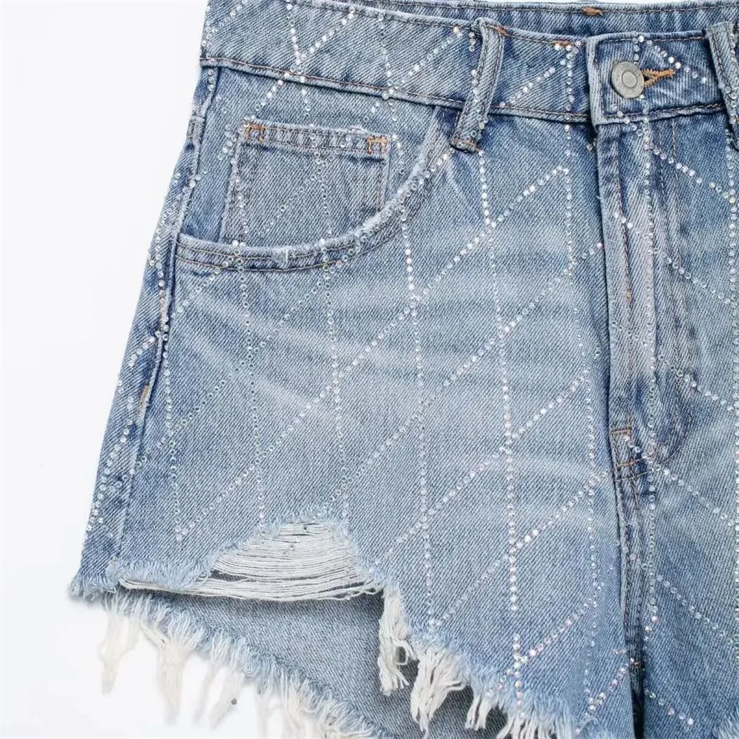 Women Denim Shorts Rhinestones Casual High Waisted Button Short Pants for Women