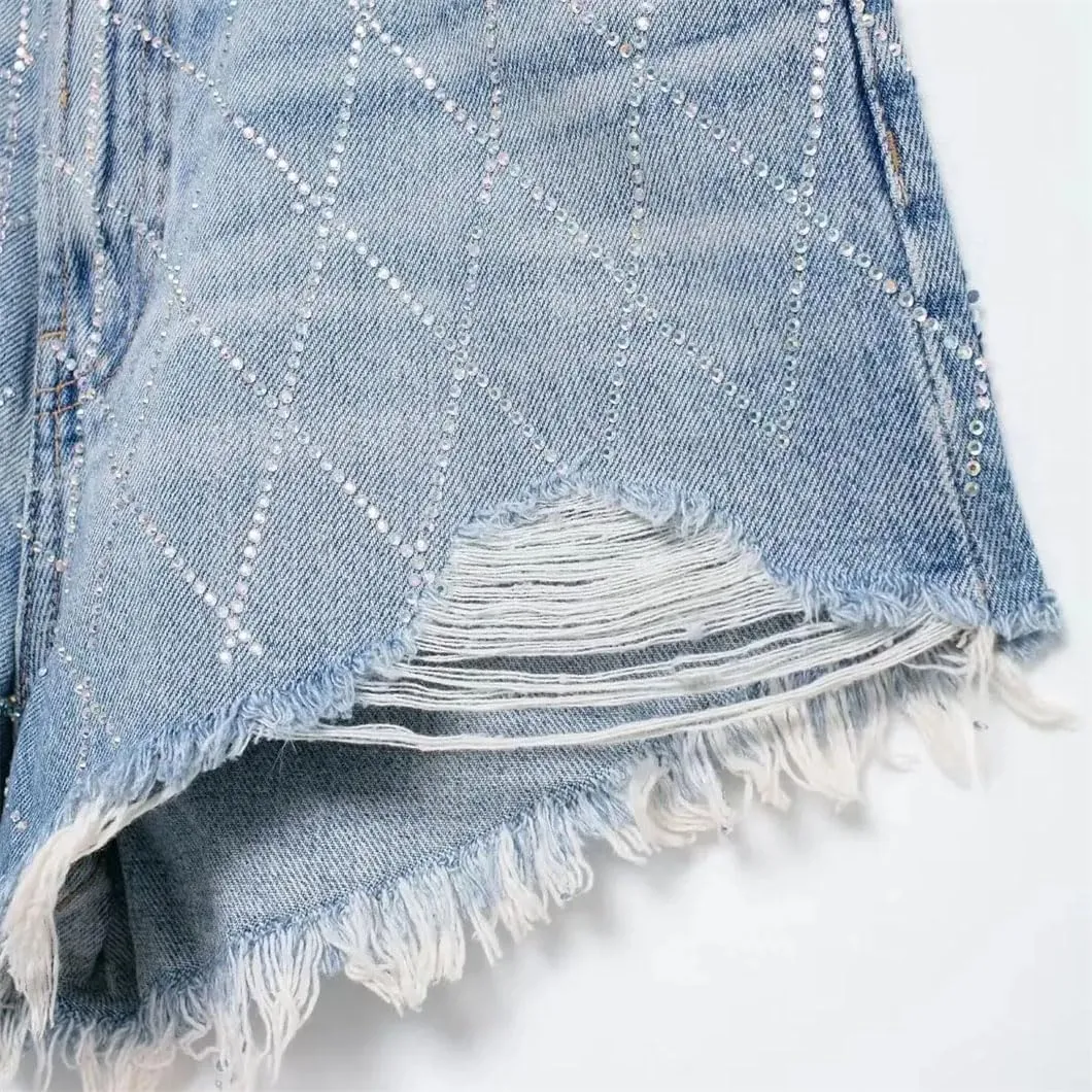 Women Denim Shorts Rhinestones Casual High Waisted Button Short Pants for Women