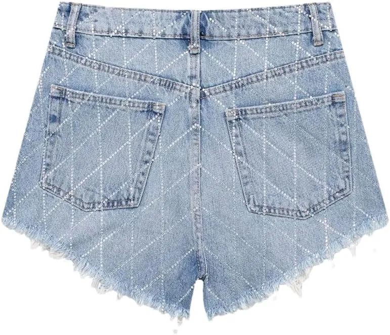 Women Denim Shorts Rhinestones Casual High Waisted Button Short Pants for Women