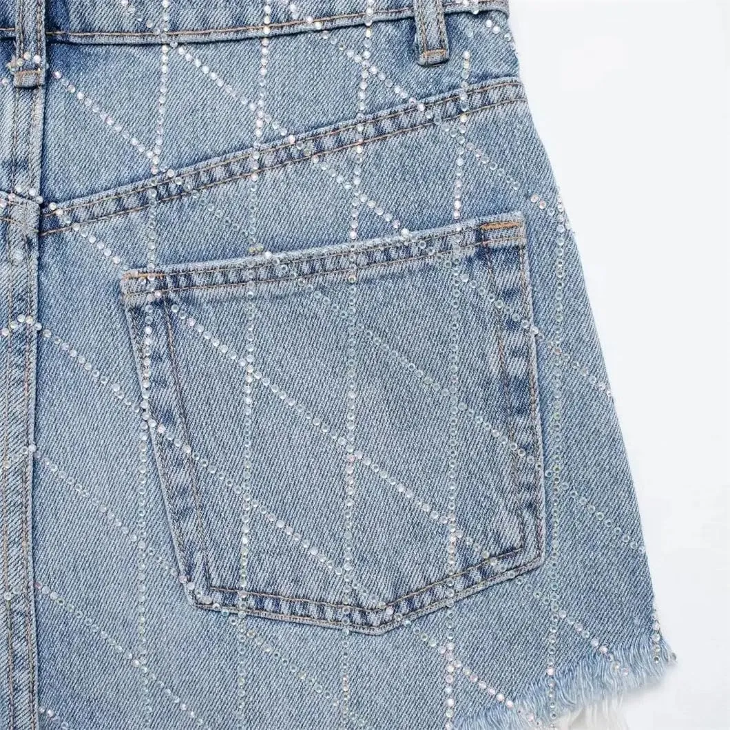 Women Denim Shorts Rhinestones Casual High Waisted Button Short Pants for Women