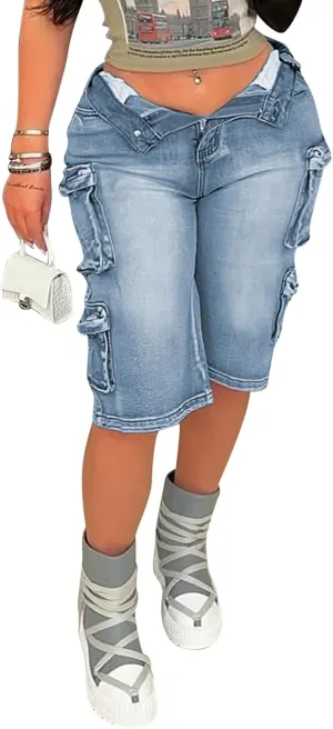 Women Distressed Jean Shorts Y2K Stretchy High Waist Straight Leg Bermuda Denim Short with Pockets