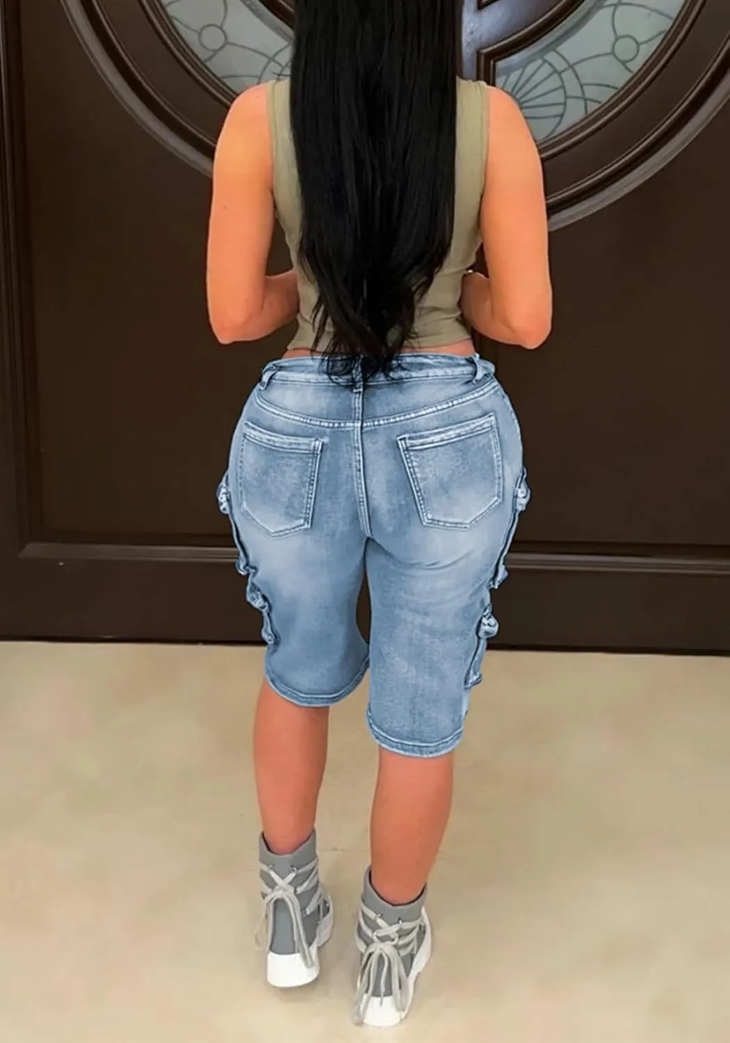 Women Distressed Jean Shorts Y2K Stretchy High Waist Straight Leg Bermuda Denim Short with Pockets