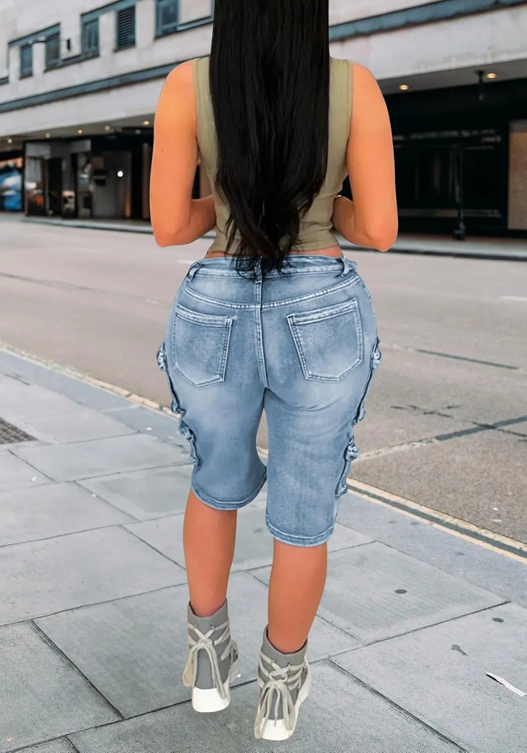 Women Distressed Jean Shorts Y2K Stretchy High Waist Straight Leg Bermuda Denim Short with Pockets