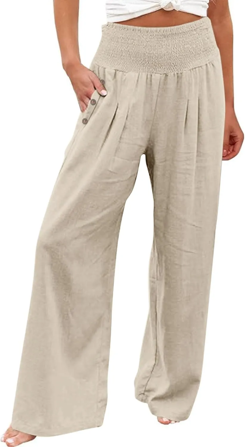Women Dressy Casual Linen Pants 2025 Elastic Waist Drawstring Pocket Trousers Loose Straight Wide Leg Palazzo Pants