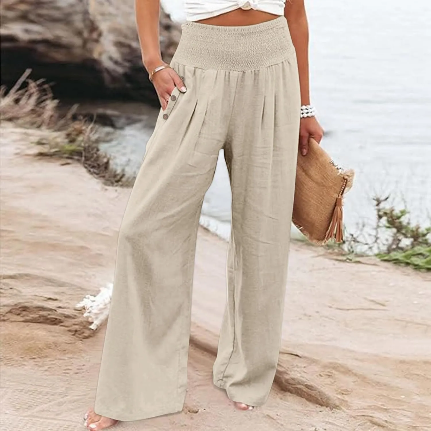 Women Dressy Casual Linen Pants 2025 Elastic Waist Drawstring Pocket Trousers Loose Straight Wide Leg Palazzo Pants