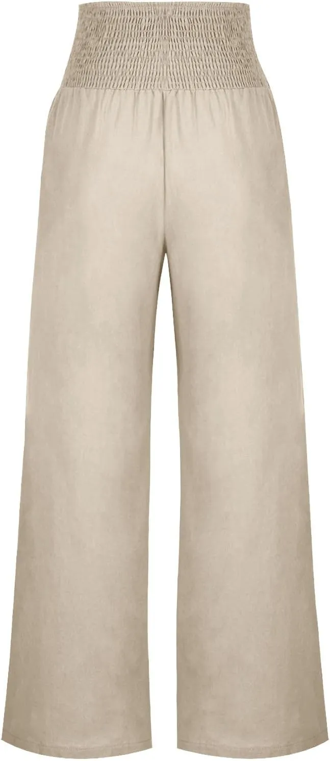 Women Dressy Casual Linen Pants 2025 Elastic Waist Drawstring Pocket Trousers Loose Straight Wide Leg Palazzo Pants