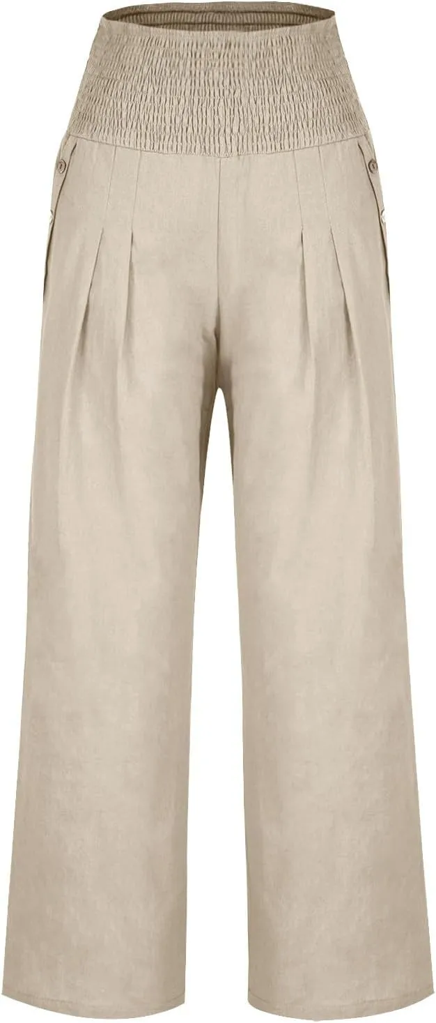 Women Dressy Casual Linen Pants 2025 Elastic Waist Drawstring Pocket Trousers Loose Straight Wide Leg Palazzo Pants