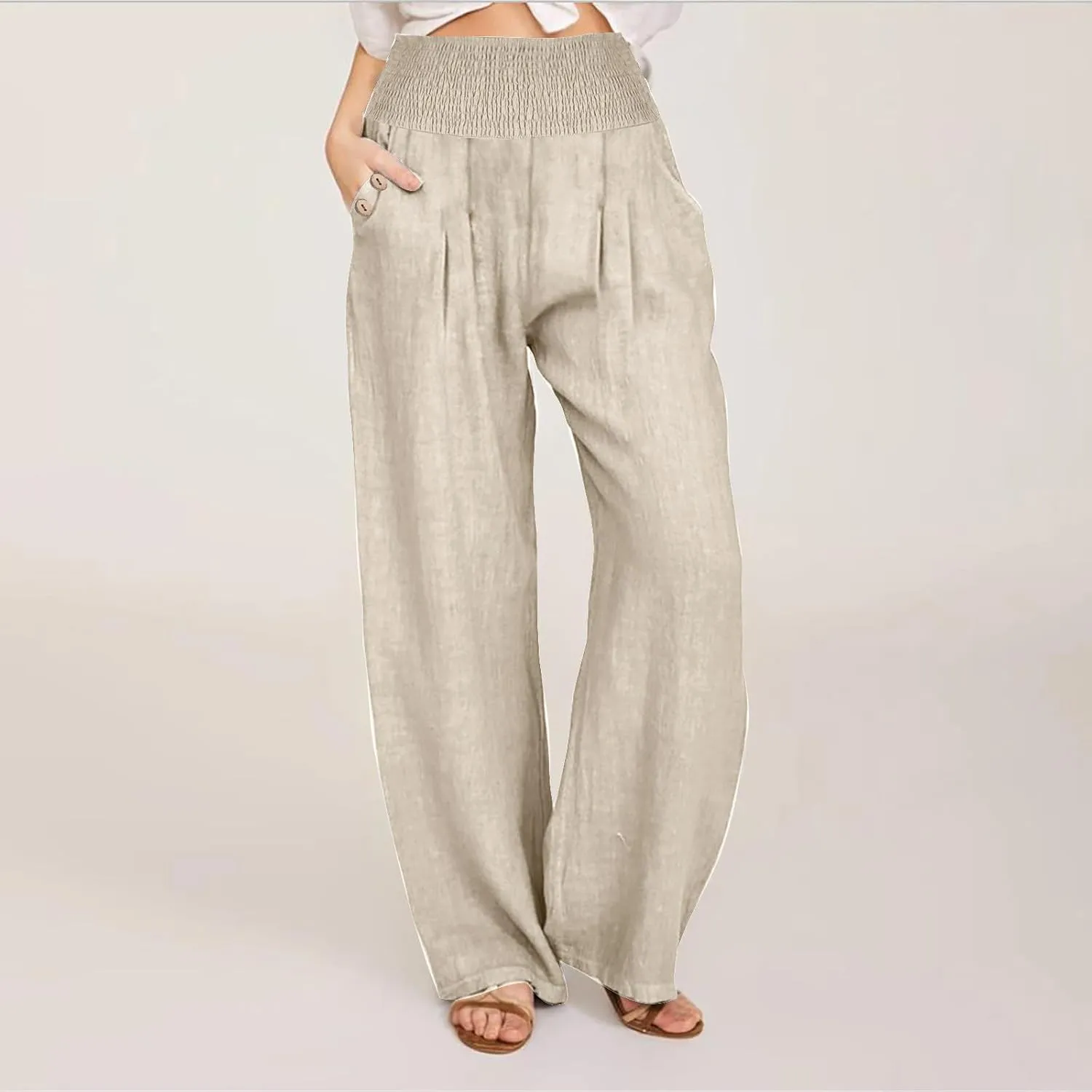 Women Dressy Casual Linen Pants 2025 Elastic Waist Drawstring Pocket Trousers Loose Straight Wide Leg Palazzo Pants