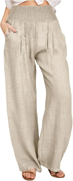 Women Dressy Casual Linen Pants 2025 Elastic Waist Drawstring Pocket Trousers Loose Straight Wide Leg Palazzo Pants