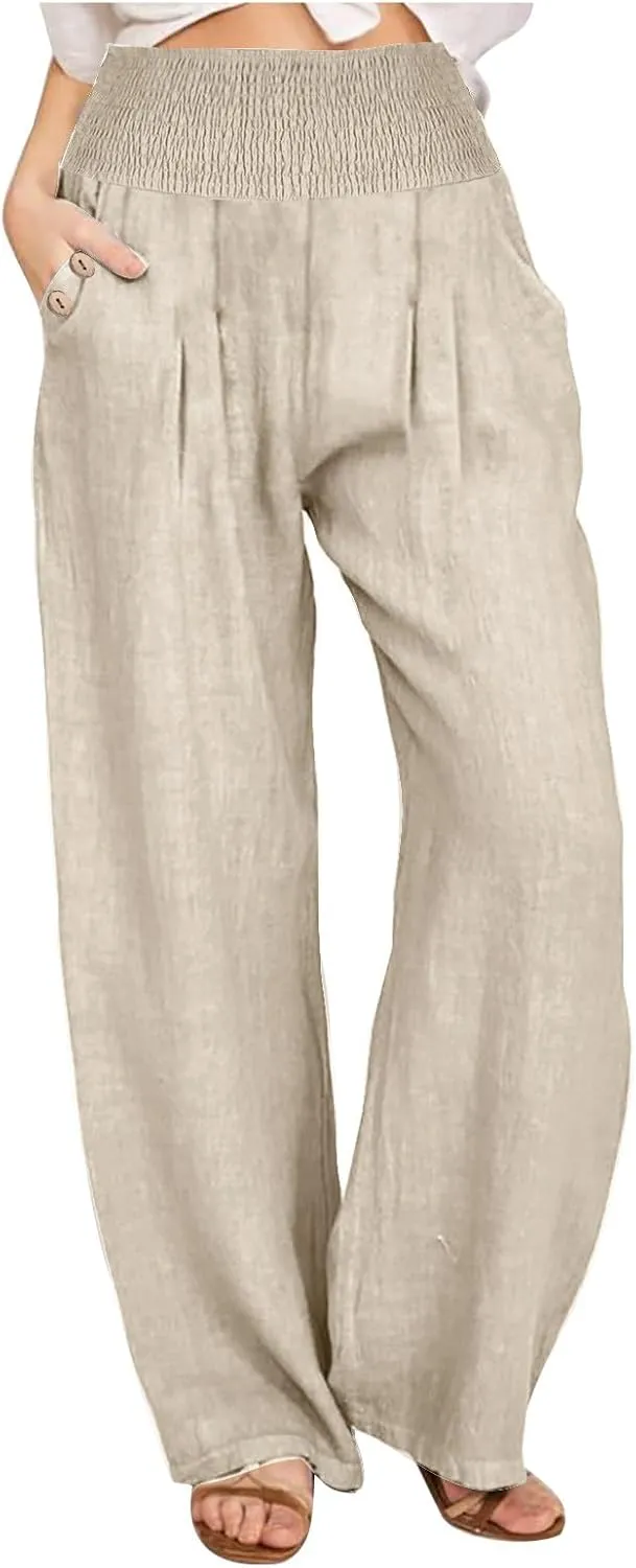 Women Dressy Casual Linen Pants 2025 Elastic Waist Drawstring Pocket Trousers Loose Straight Wide Leg Palazzo Pants