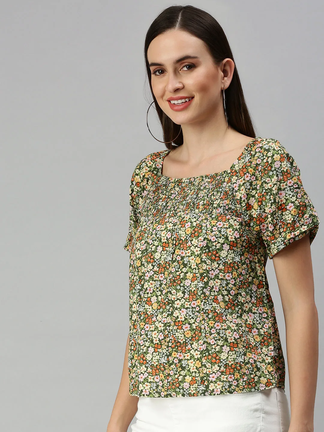 Women Green Floral Print Top