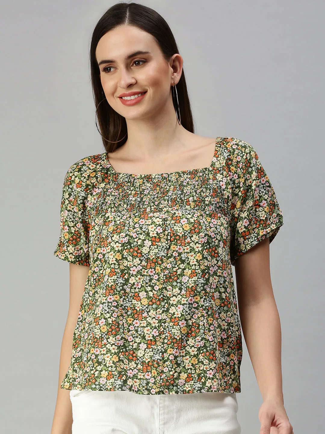 Women Green Floral Print Top
