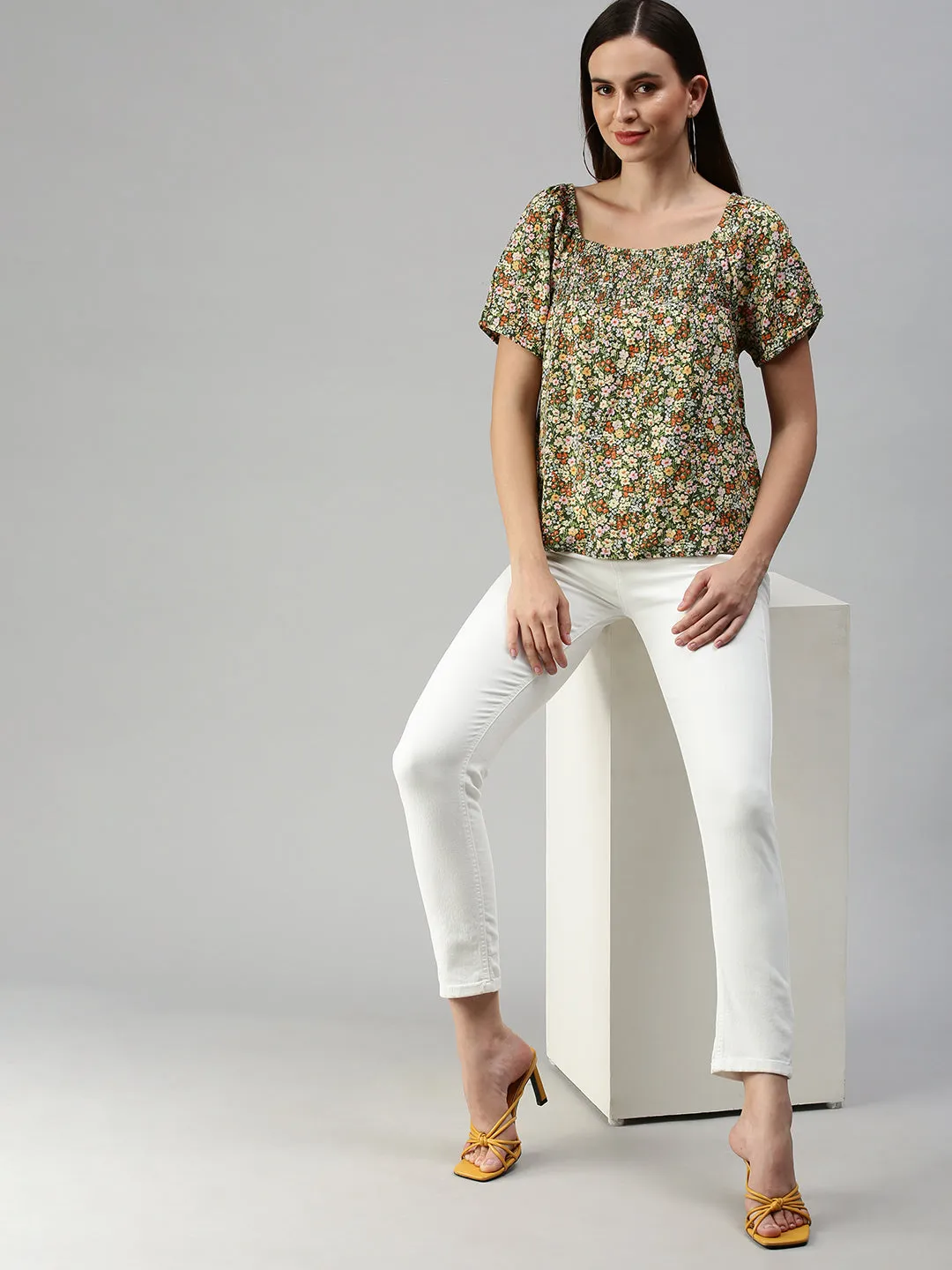 Women Green Floral Print Top
