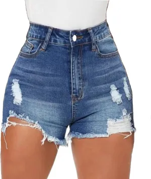 Women High Waisted Skinny Stretchy Denim Shorts Casual Summer Frayed Raw Hem Distressed Ripped Short Jeans