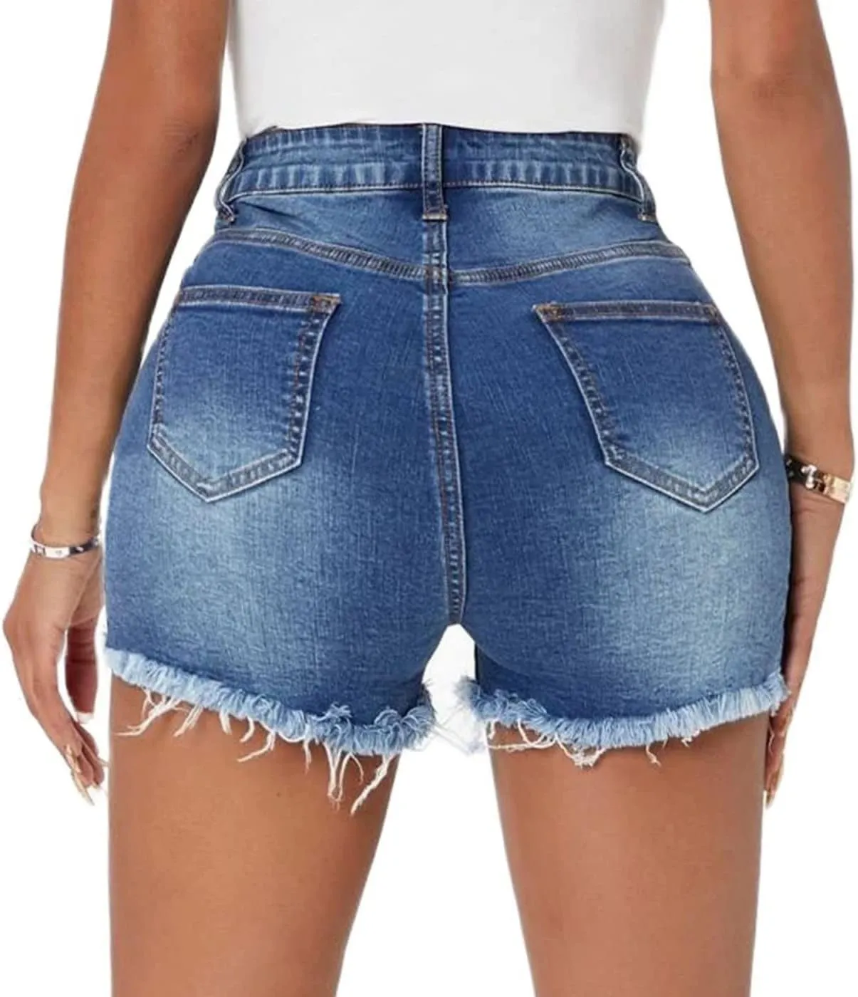 Women High Waisted Skinny Stretchy Denim Shorts Casual Summer Frayed Raw Hem Distressed Ripped Short Jeans