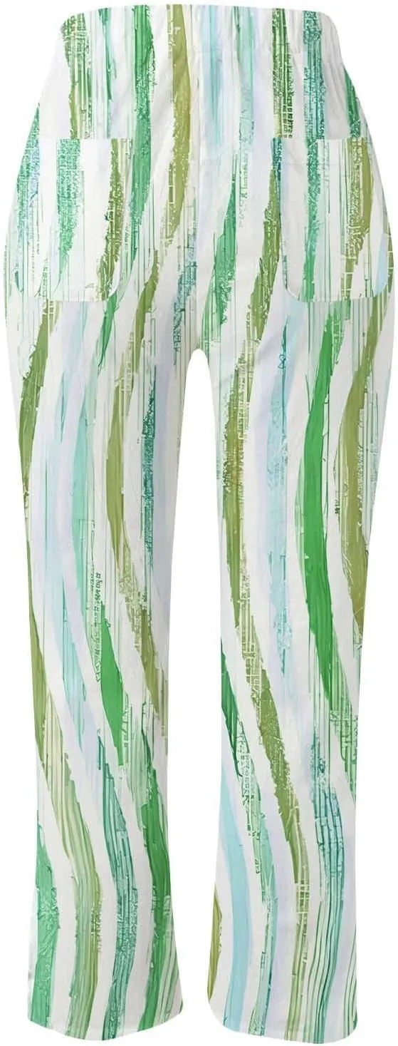 Women Linen Blend Summer Lightweigt Pant Trousers Elastic Waist Wide Leg Plus Size Pants Business Work