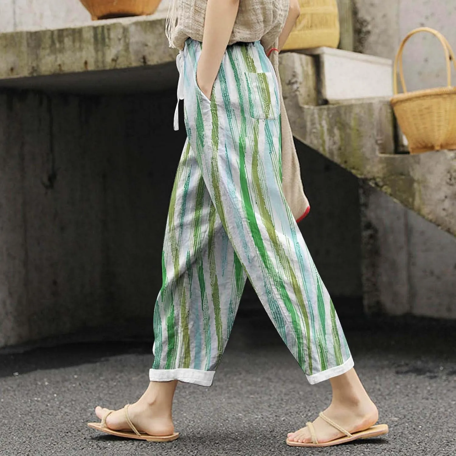 Women Linen Blend Summer Lightweigt Pant Trousers Elastic Waist Wide Leg Plus Size Pants Business Work