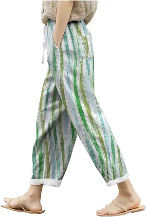 Women Linen Blend Summer Lightweigt Pant Trousers Elastic Waist Wide Leg Plus Size Pants Business Work