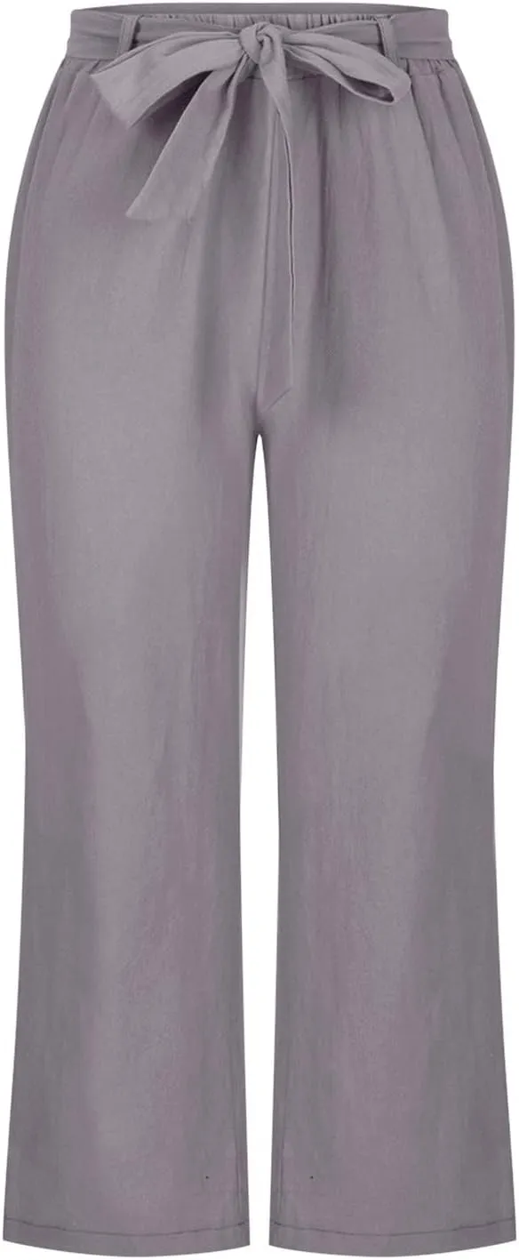 Women Linen Blend Summer Loose Flowy Palazzo Pants High Waist Bootcut Slim-Fit Palazzo Lounge Pants Travel