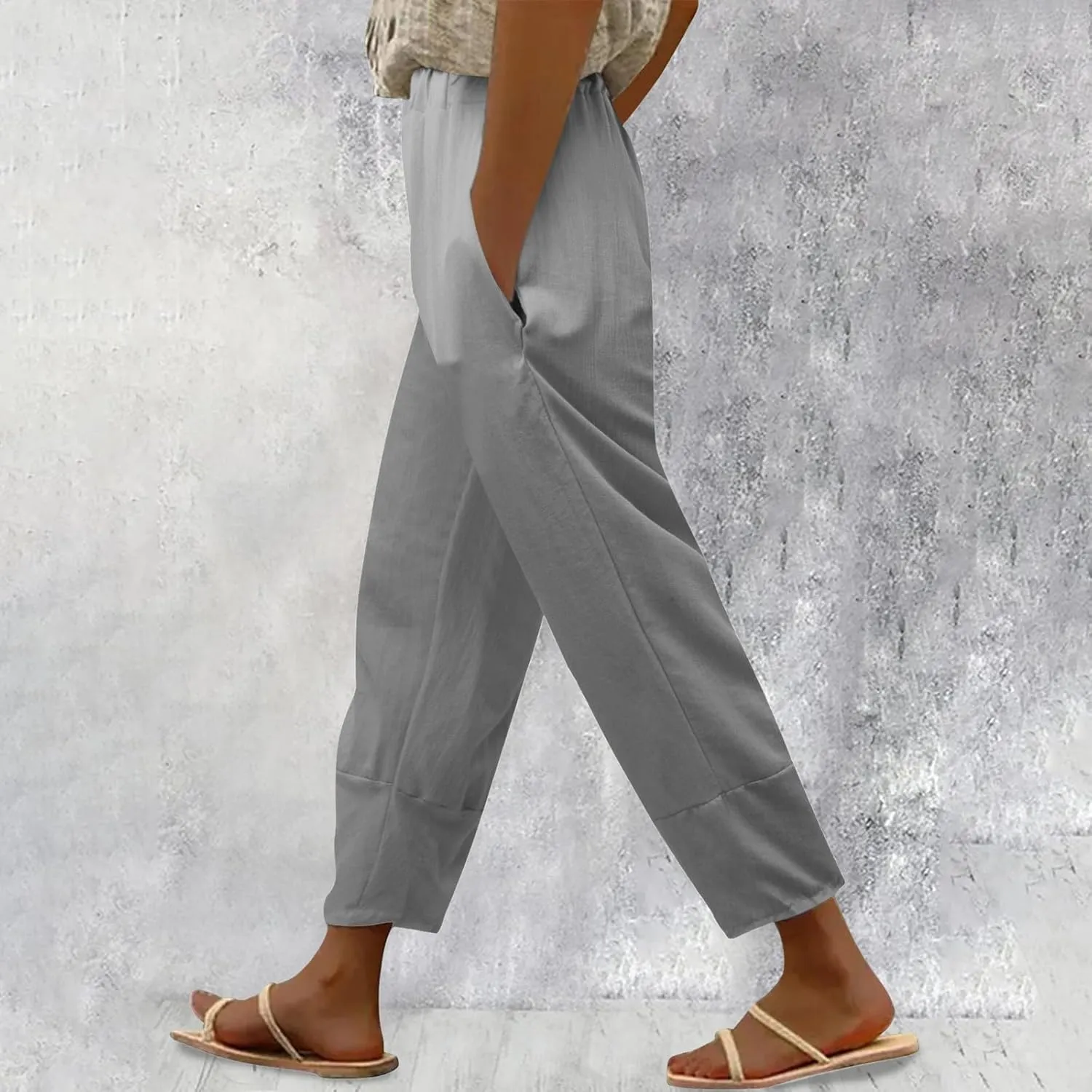 Women Linen Blend Summer Print Pant Trousers Low Waist Straight Loose Fit Pant Trousers Travel