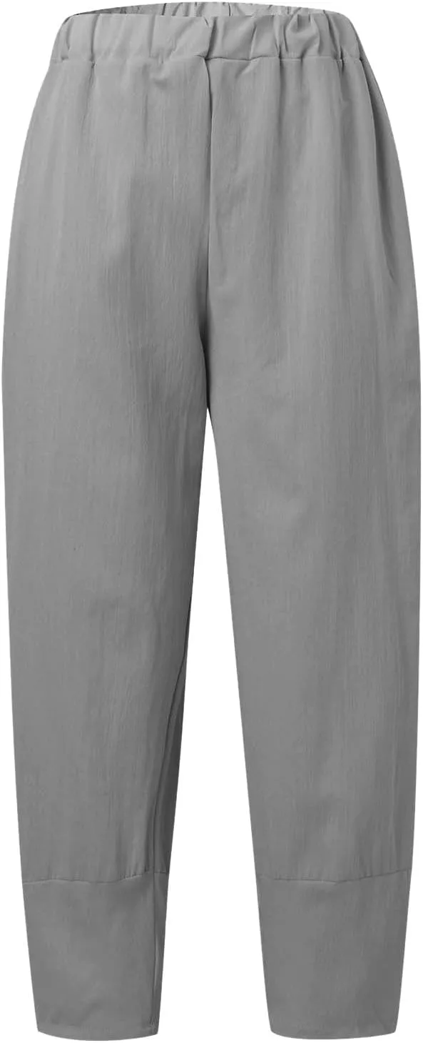 Women Linen Blend Summer Print Pant Trousers Low Waist Straight Loose Fit Pant Trousers Travel