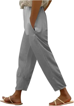 Women Linen Blend Summer Print Pant Trousers Low Waist Straight Loose Fit Pant Trousers Travel