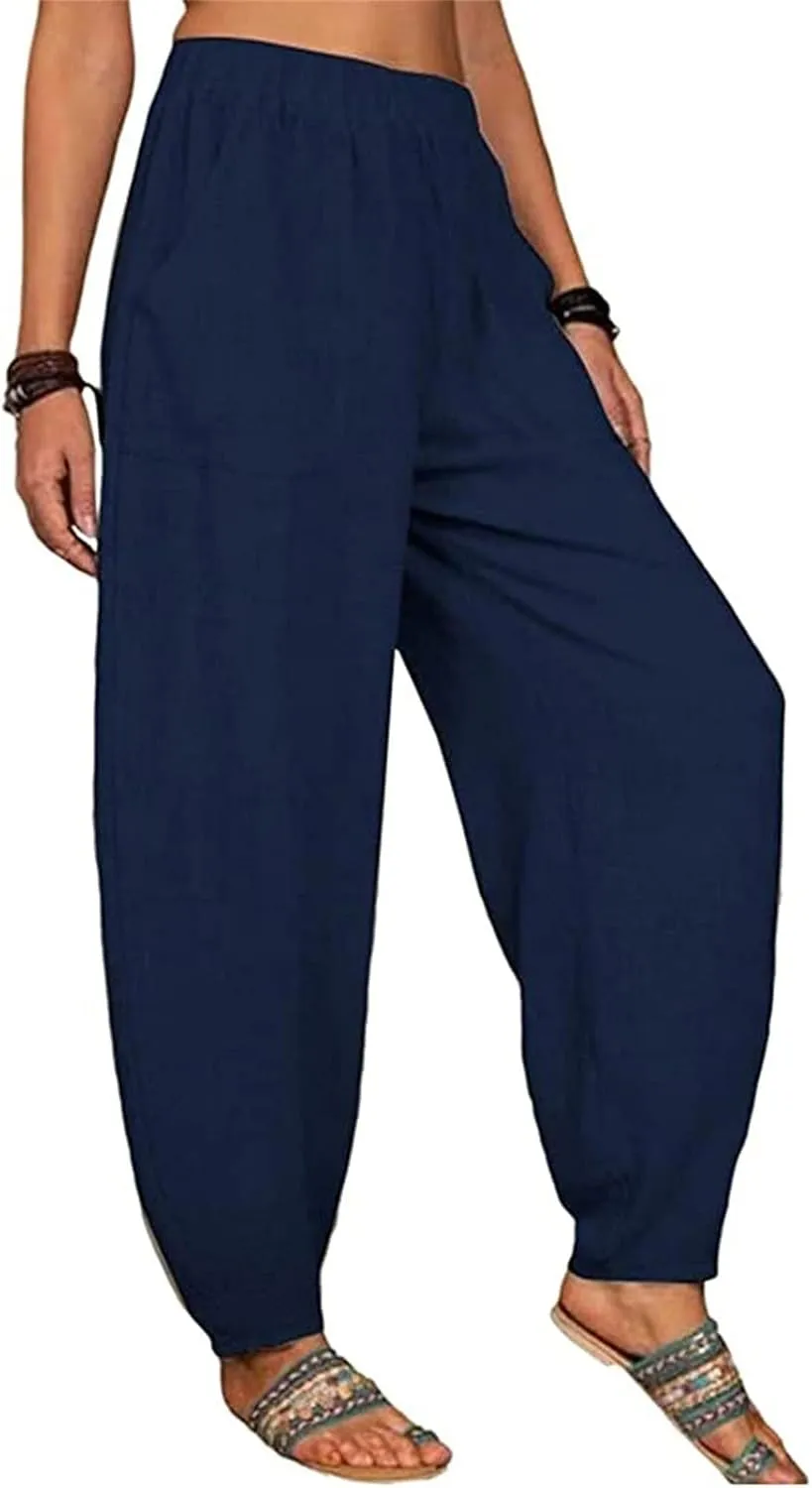 Women Linen Blend Summer Printed Pants Low Waist Wide Leg Slim Fit Pants Trendy
