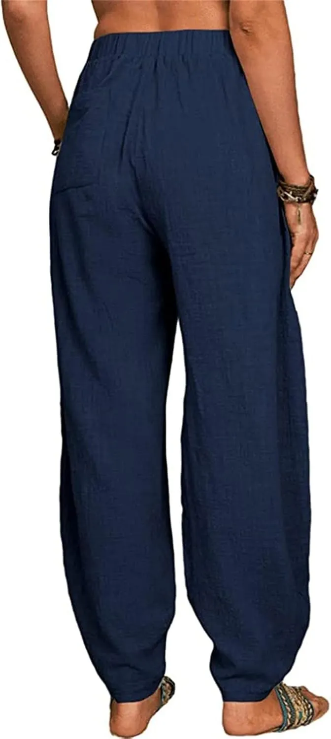 Women Linen Blend Summer Printed Pants Low Waist Wide Leg Slim Fit Pants Trendy