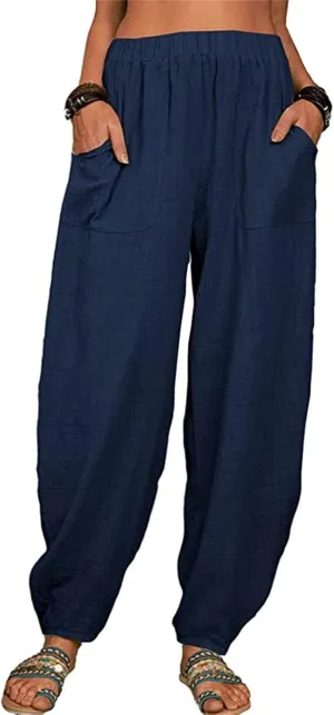 Women Linen Blend Summer Printed Pants Low Waist Wide Leg Slim Fit Pants Trendy