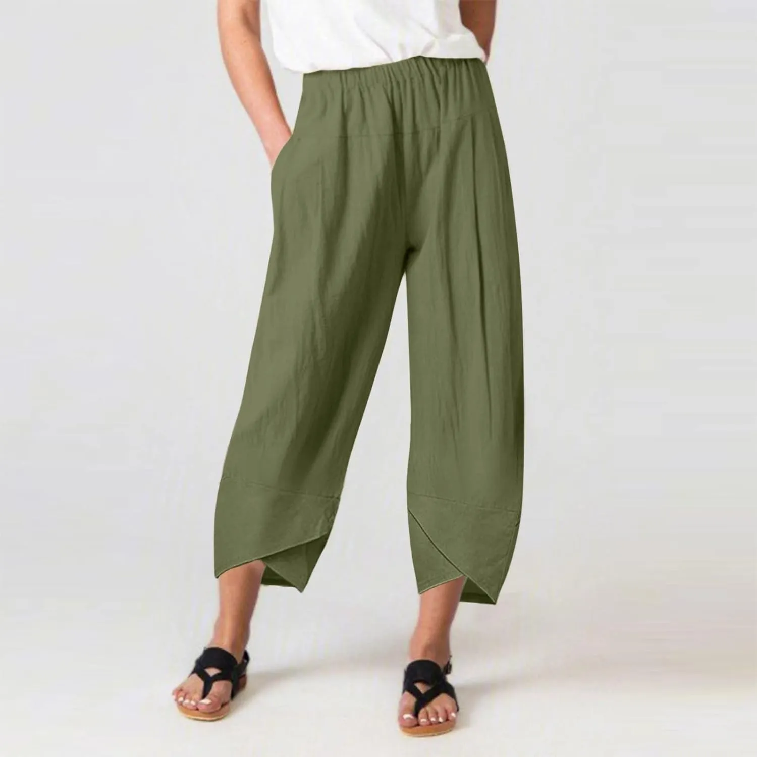 Women Linen Blend Summer Pull On Pants Low Waist Wide Leg Plus Size Palazzo Lounge Pants Vacation