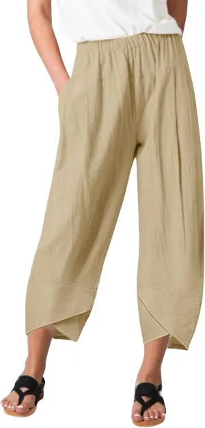 Women Linen Blend Summer Pull On Pants Low Waist Wide Leg Plus Size Palazzo Lounge Pants Vacation