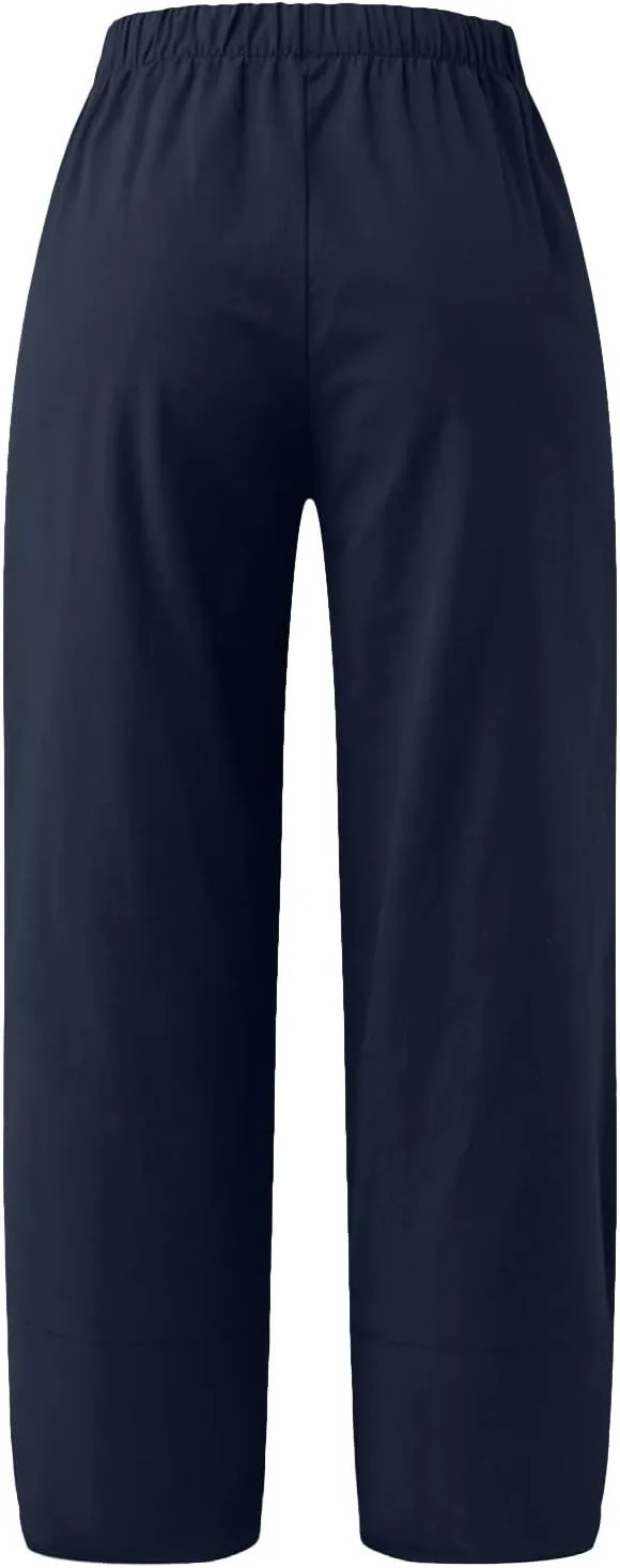 Women Linen Blend Summer Pull On Pants Low Waist Wide Leg Plus Size Palazzo Lounge Pants Vacation
