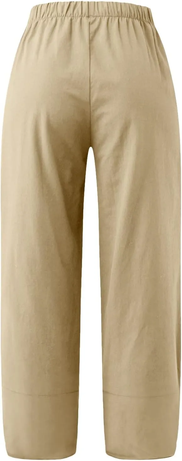 Women Linen Blend Summer Pull On Pants Low Waist Wide Leg Plus Size Palazzo Lounge Pants Vacation