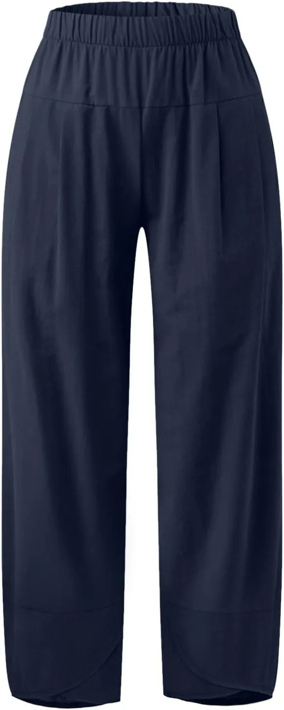 Women Linen Blend Summer Pull On Pants Low Waist Wide Leg Plus Size Palazzo Lounge Pants Vacation