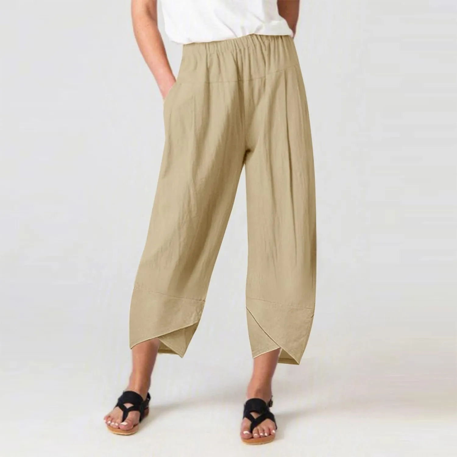 Women Linen Blend Summer Pull On Pants Low Waist Wide Leg Plus Size Palazzo Lounge Pants Vacation