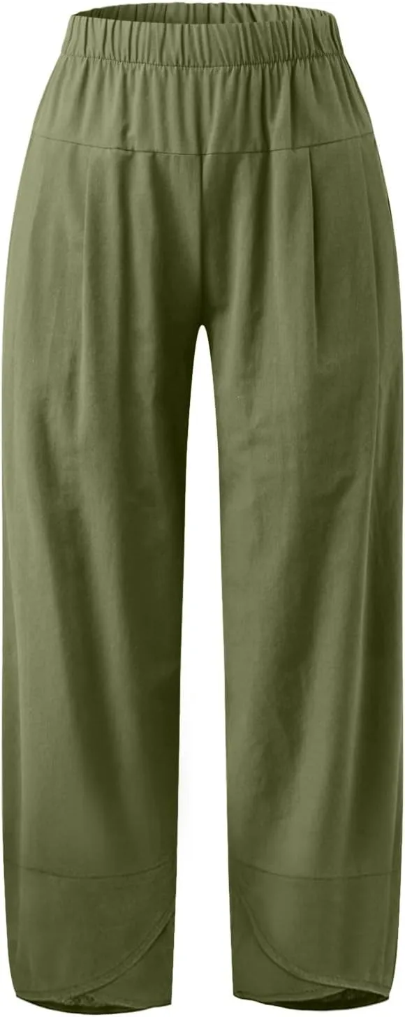 Women Linen Blend Summer Pull On Pants Low Waist Wide Leg Plus Size Palazzo Lounge Pants Vacation