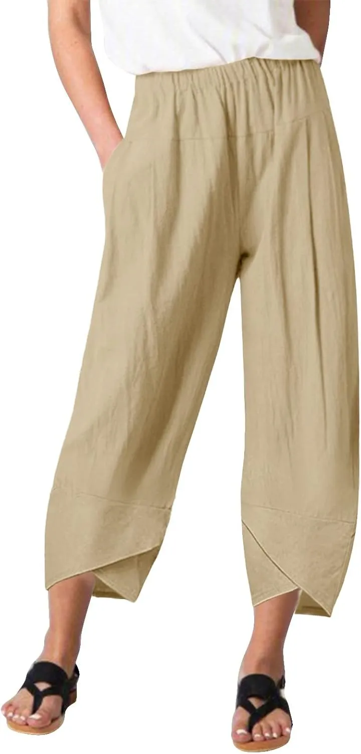 Women Linen Blend Summer Pull On Pants Low Waist Wide Leg Plus Size Palazzo Lounge Pants Vacation