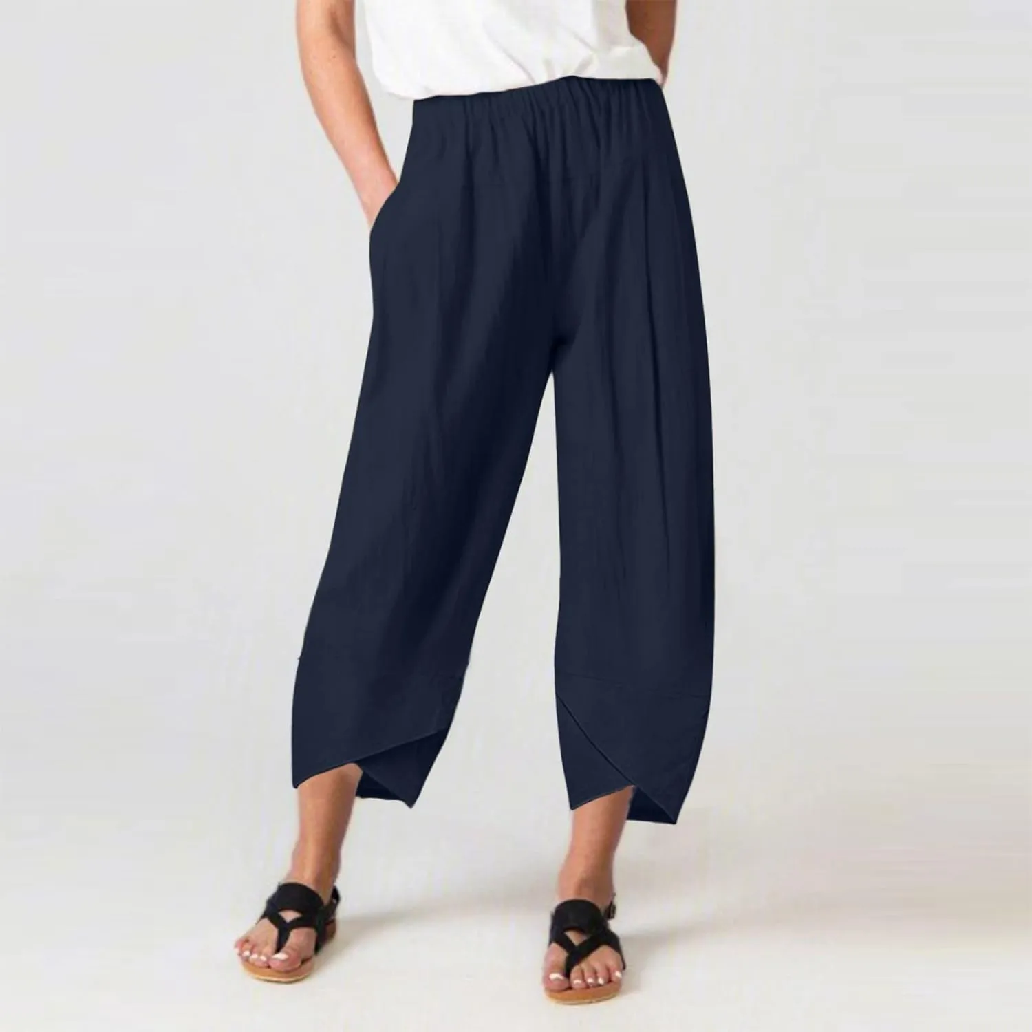 Women Linen Blend Summer Pull On Pants Low Waist Wide Leg Plus Size Palazzo Lounge Pants Vacation