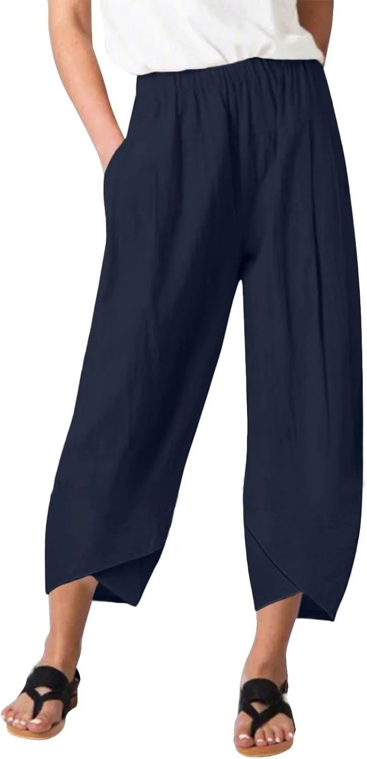 Women Linen Blend Summer Pull On Pants Low Waist Wide Leg Plus Size Palazzo Lounge Pants Vacation