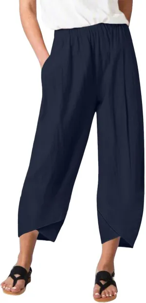 Women Linen Blend Summer Pull On Pants Low Waist Wide Leg Plus Size Palazzo Lounge Pants Vacation
